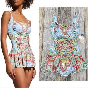 (JW-378) Johnny Was Heloise Rushed Skirted One Piece Swimsuit